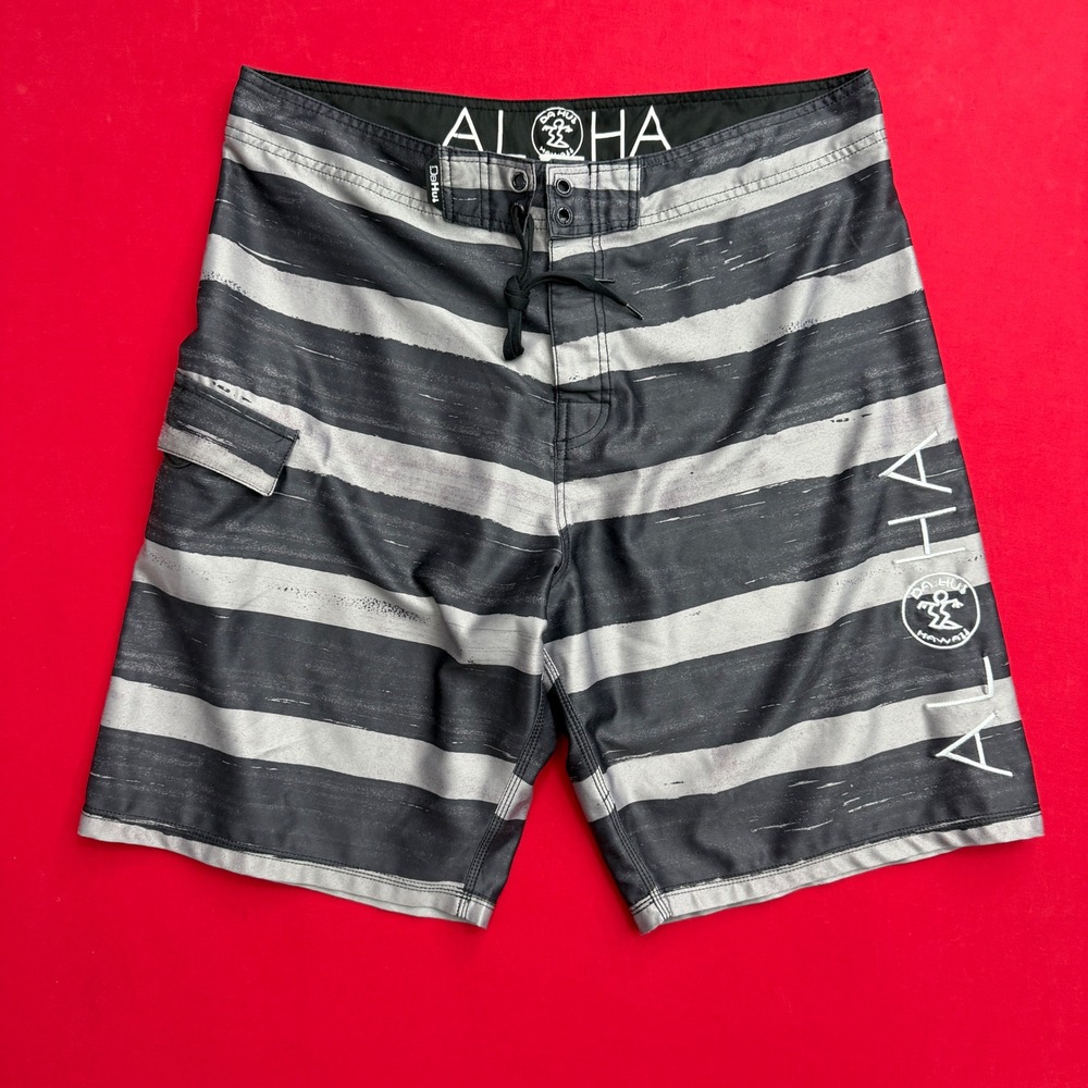 Da Hui Hawaii Mens Board Shorts Size 36 Black Grey Striped Aloha Surf Trunks